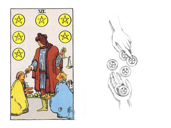A comparison of the six of pentacles in the Rider Waite with the Luminous Tarot.