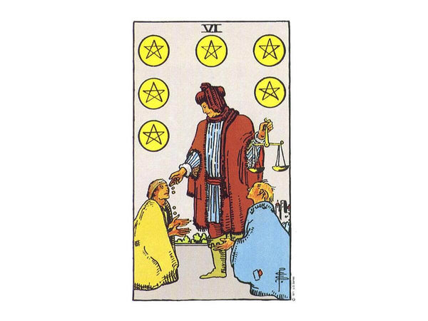 The original depiction of the six of pentacles tarot card in the Rider Waite deck.