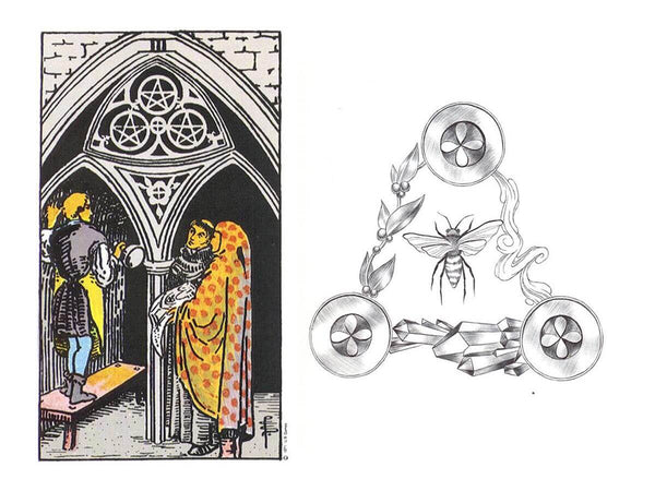 Comparison of the three of pentacles in the Rider Waite deck and the Luminous Spirit Deck