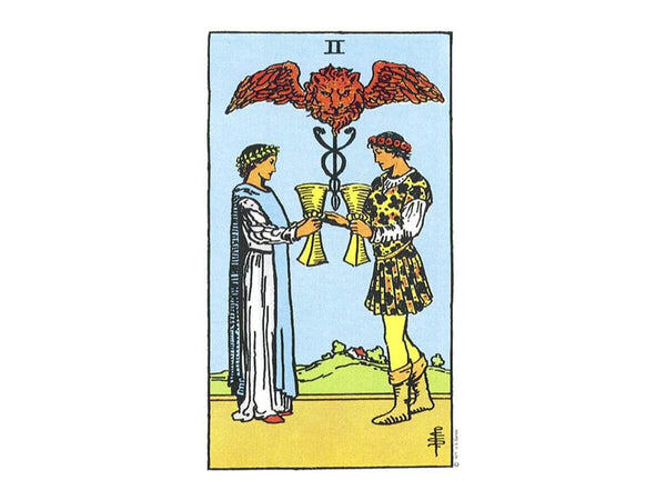 The Two of Cups tarot card as depicted in the original Rider Waite deck. Two of cups meaning.