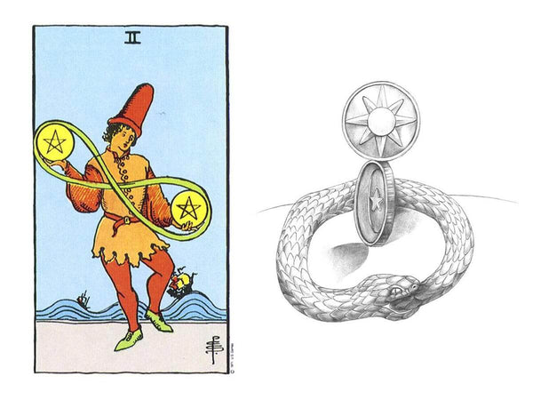 A comparison of the original two of pentacles in the Rider Waite deck with the Luminous Tarot Deck