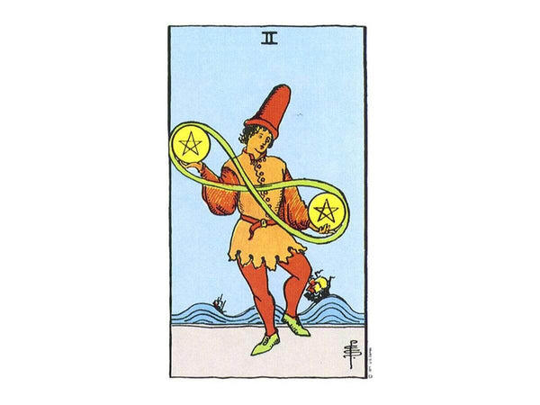 The Two of Pentacles Tarot Card depicted in the Rider Waite Deck