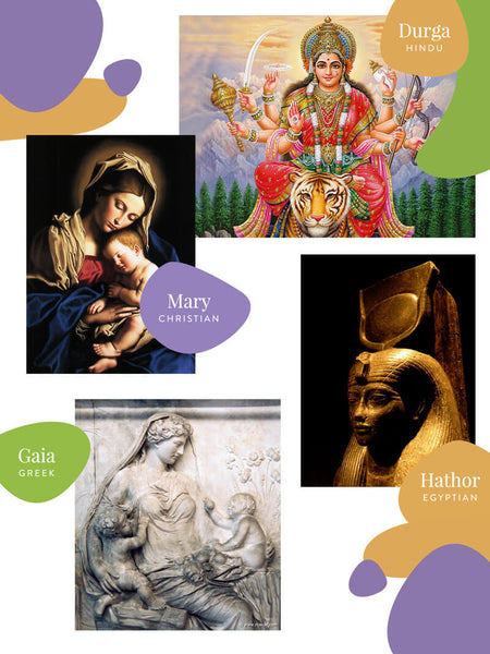Mother Jungian archetypes in various cultures, here you have Durga, Mary, Hathor and Gaia, all of which have similar relationships to us.