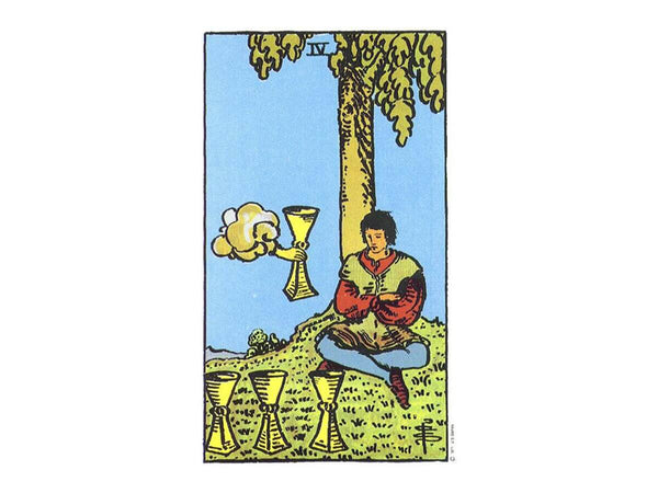 The original depiction of the four of cups tarot card in the Rider Waite deck. Four of cups meaning in tarot.