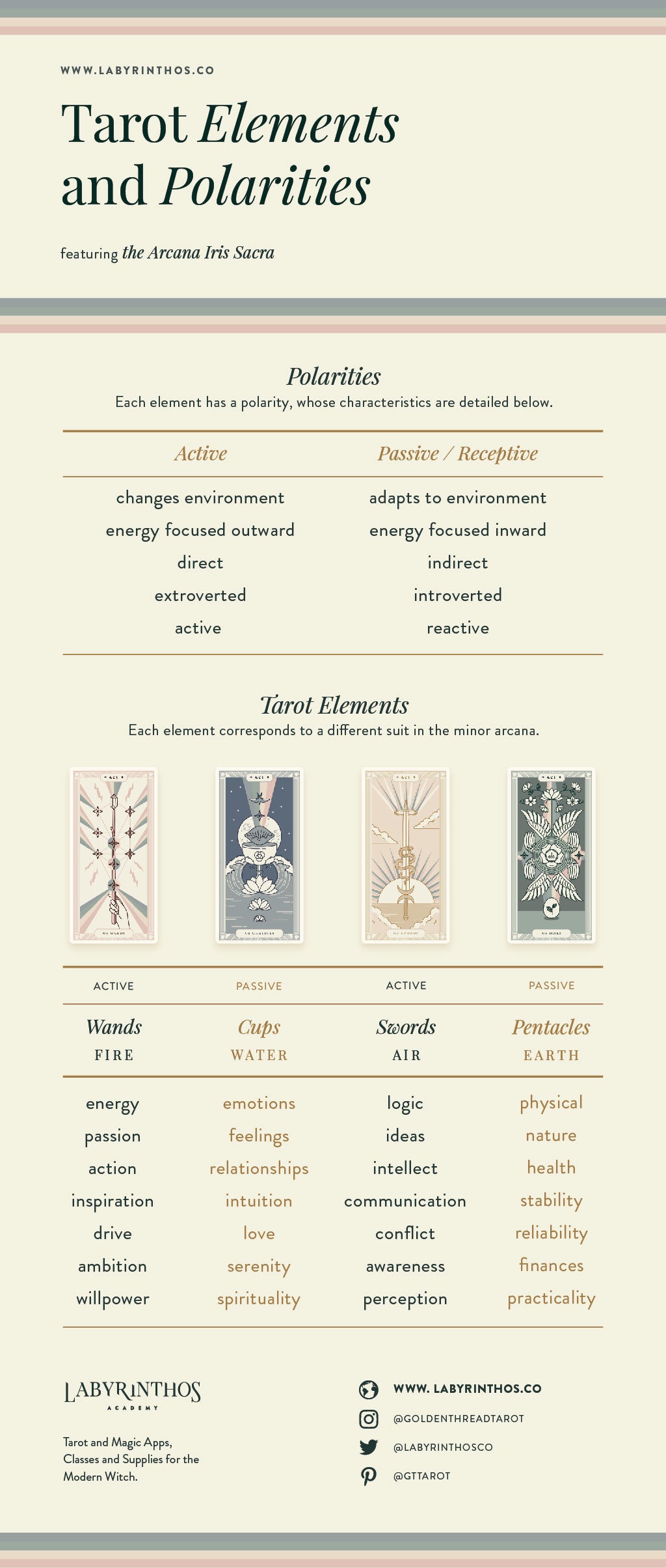 tarot elements: correspondences, polarity and keywords of each element infographic