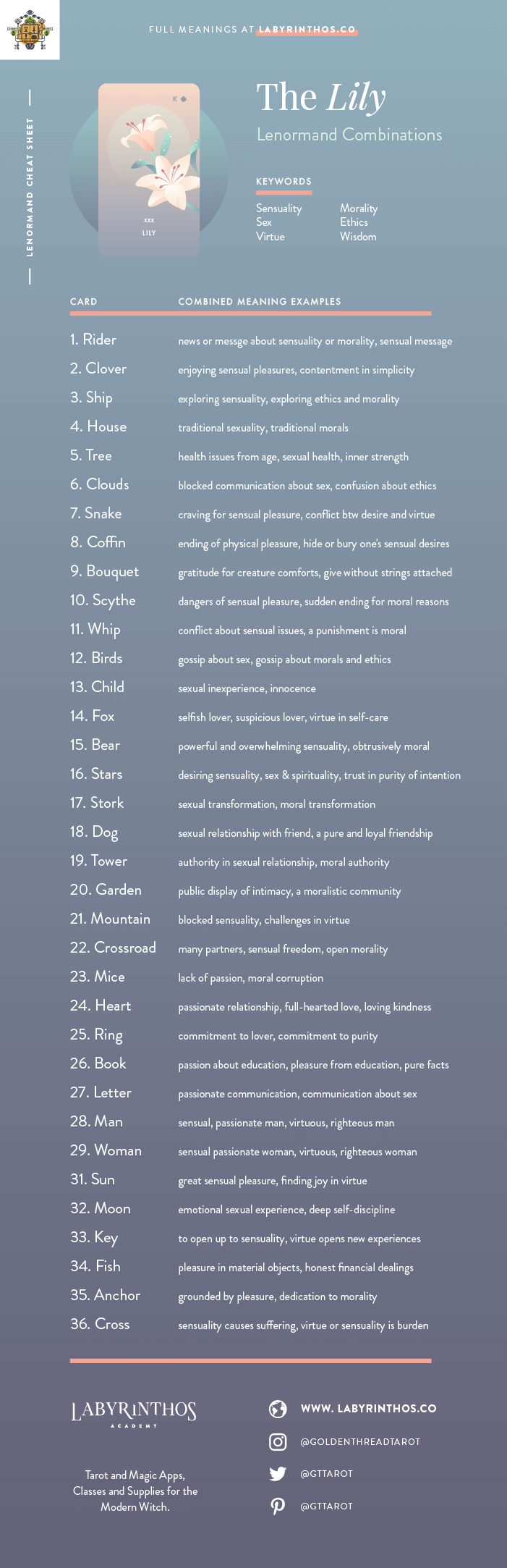 The Lily Lenormand Combinations Cheat Sheet - Lenormand is an alternative to tarot for cartomancy. Loved my mystics, witches, wiccans and more. Images from Seventh Sphere Lenormand, a modern Lenormand deck.